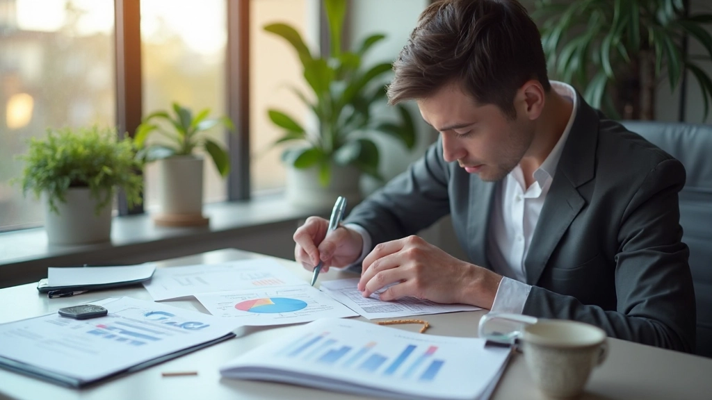 Profissional de finanças revisando documentos orçamentários com gráficos de crescimento financeiro