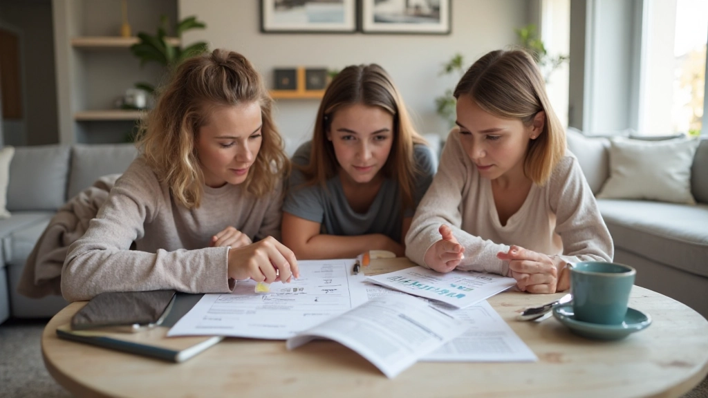 Family reviewing financial planning documents together in living room setting