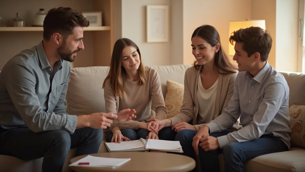 Família portuguesa discutindo planos financeiros na sala de estar