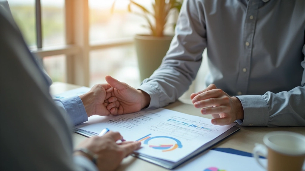 Professional explaining investment concepts at desk with financial charts visible
