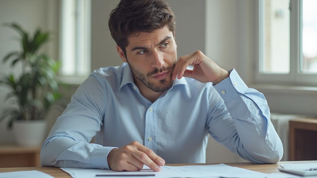 Homem evitando erros financeiros com análise cuidadosa de documentos