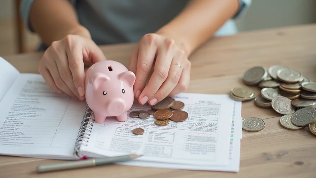 Close-up of savings tracker with coins and piggy bank on table with financial notes