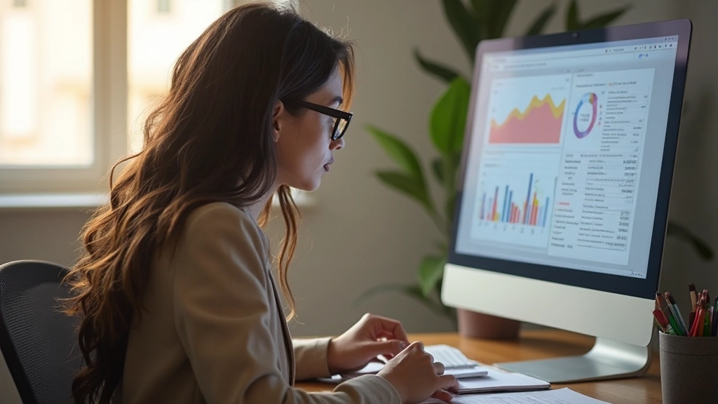 Mulher concentrada analisando gráficos financeiros e dados de orçamento pessoal em seu computador