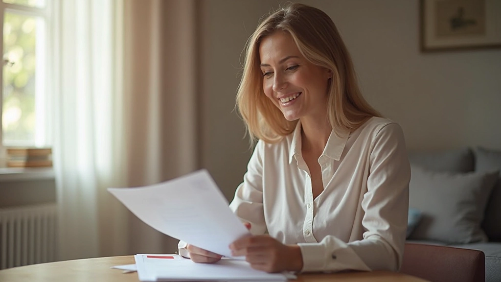 Mulher adulta sorrindo enquanto revisa documentos de planejamento financeiro em casa aconchegante